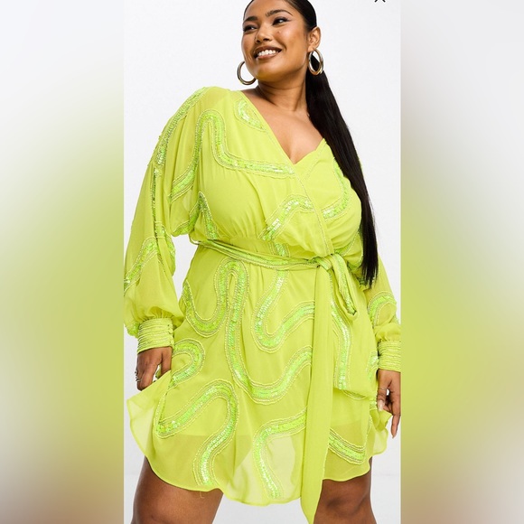 ASOS DESIGN Curve rouleaux loop tie waist mini dress with swirl embellishment - Picture 1 of 3